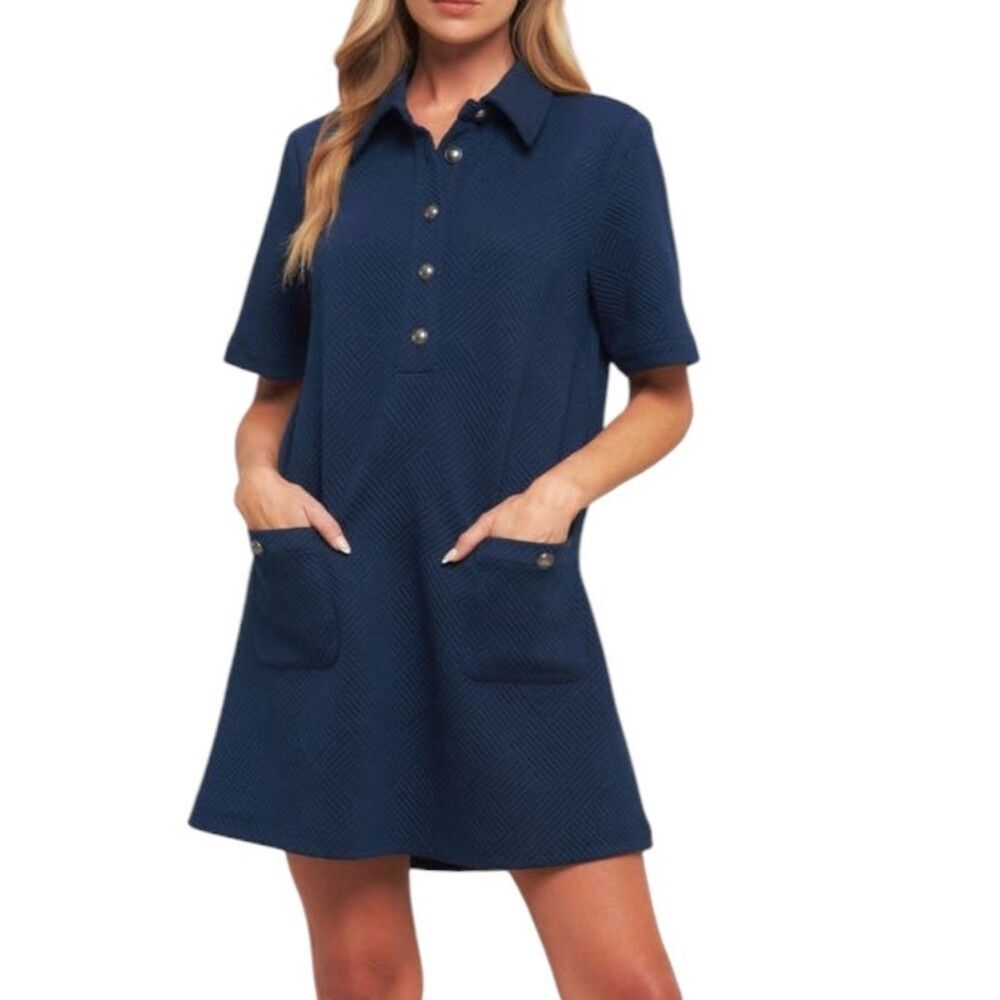 Flying Tomato Navy Textured Short Sleeves Shirtdress with Pockets